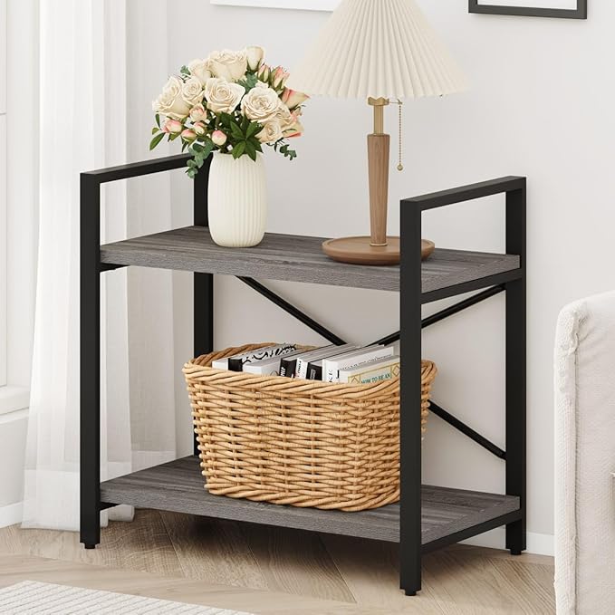 BON AUGURE Small Bookshelf for Small Space, 2 Tier Shelf Floor Bookcase for Storage, Industrial Short Low Wood Metal Book Shelves for Bedroom, Office and Living Room(Dark Gray Oak) - LeafyLoom