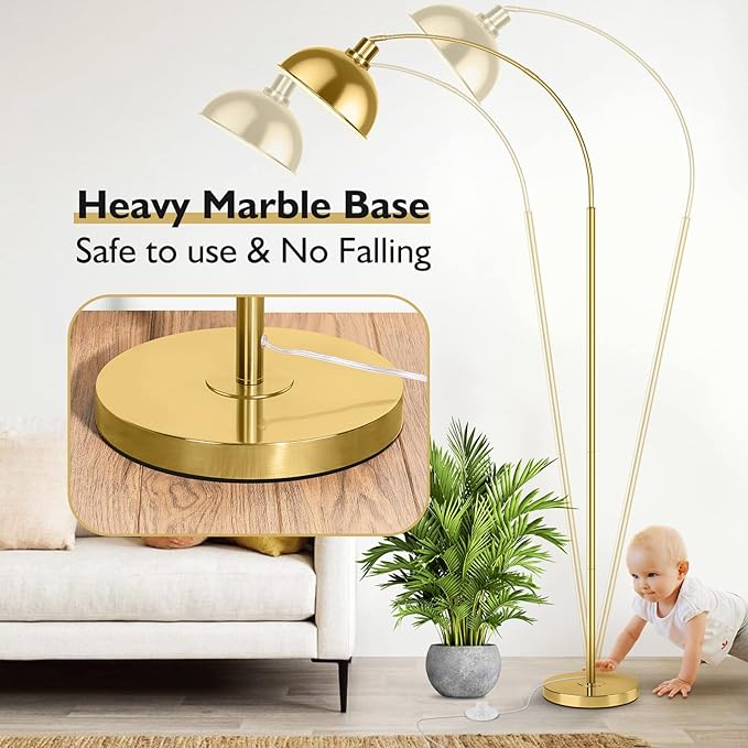 Arc Floor Lamps for Living Room, Modern Tall Standing Lamp Remote Control,Stepless Dimmable Gold Floor Lamp with Hanging Dome Shade, Over Couch Arched Reading Lamp for Bedroom, Office (Bulb Included) - LeafyLoom