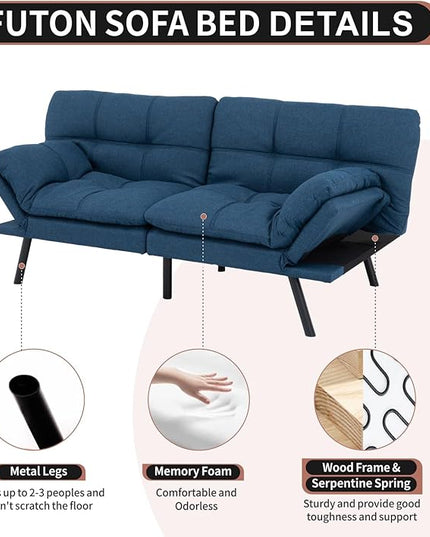 MUUEGM Futon Sofa Bed Convertible Memory Foam Sleeper Couch,Modern Loveseat for Living Room,Small Compact Space,Dorm,Office,Adjustable Armrests Backrest Sofabed, Linen Blue - LeafyLoom
