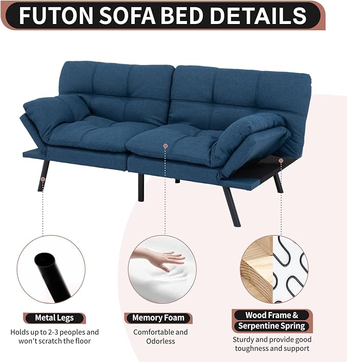 MUUEGM Futon Sofa Bed Convertible Memory Foam Sleeper Couch,Modern Loveseat for Living Room,Small Compact Space,Dorm,Office,Adjustable Armrests Backrest Sofabed, Linen Blue - LeafyLoom