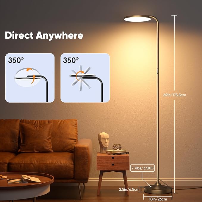 36W LED Floor Lamp, Super Bright Standing Lamp, Modern Stepless Dimmable Torchiere Tall Lamp with Remote Control, 350°Rotating Head Reading Floor Lamp for Living Room, Bedroom, Office - LeafyLoom