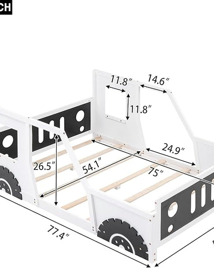 Full Size Classic Car-Shaped Platform Bed with Wheels,Wooden Floor Bedframe W/Door Design,Fun Play Toy Car Furniture for Boys Kids Toddlers Child's Bedroom,White - LeafyLoom