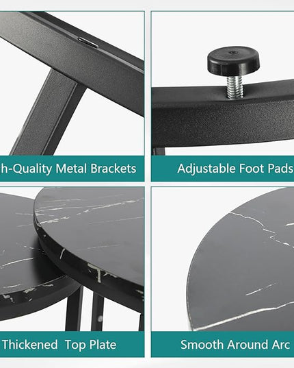 Black Nesting Coffee Table Set of 2, 23.6" Round Coffee Table Wood Grain Top with Adjustable Non-Slip Feet, Industrial End Table Side Tables for Living Room Bedroom Balcony Yard - LeafyLoom