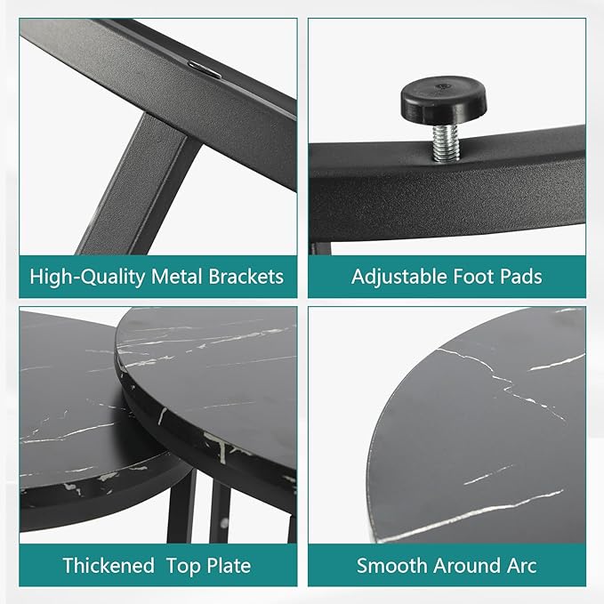 Black Nesting Coffee Table Set of 2, 23.6" Round Coffee Table Wood Grain Top with Adjustable Non-Slip Feet, Industrial End Table Side Tables for Living Room Bedroom Balcony Yard - LeafyLoom