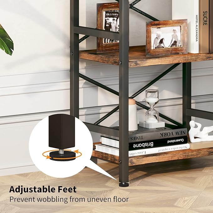 Bookshelf, 3 Tier Industrial Bookcase, Metal Small Bookcase, Rustic Etagere Book Shelf Storage Organizer for Living Room, Bedroom, and Home Office(Rustic Brown) Patent Pending D29873033 - LeafyLoom