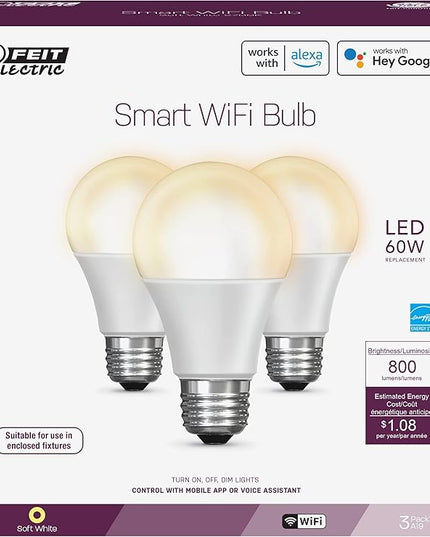 Feit Electric Smart Light Bulbs, 2.4 Ghz WiFi Light Bulbs, No Hub Needed, Works with Alexa and Google, Dimmable 60 Watt = LED 9W, OM60/927CA/AG/3, 2700K Soft White, 3 Pack FeitElectricCompany