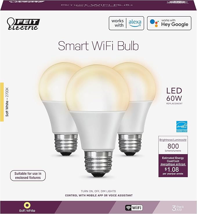 Feit Electric Smart Light Bulbs, 2.4 Ghz WiFi Light Bulbs, No Hub Needed, Works with Alexa and Google, Dimmable 60 Watt = LED 9W, OM60/927CA/AG/3, 2700K Soft White, 3 Pack FeitElectricCompany