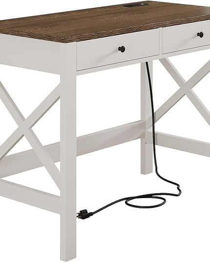 ChooChoo Farmhouse Desk with USB Charging Ports and Power Outlets, 39" Computer Desk with Drawers, Small Study Writing Table with Stable X Frame for Home Office - LeafyLoom