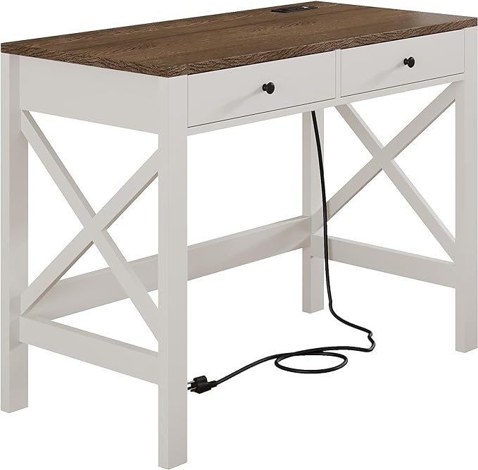 ChooChoo Farmhouse Desk with USB Charging Ports and Power Outlets, 39" Computer Desk with Drawers, Small Study Writing Table with Stable X Frame for Home Office - LeafyLoom