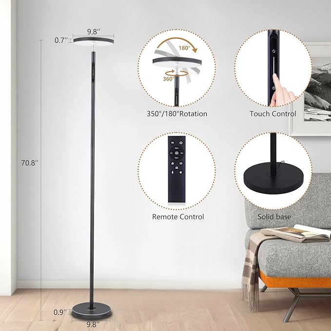 ‎Floor Lamp for Living Room, LED Tall Standing Lamp for Bedroom Reading, Torchiere Super Bright Dimmable, Side Lighting for Offices Rooms with Remote Touch Control. Adjustable 4 Colors. - LeafyLoom