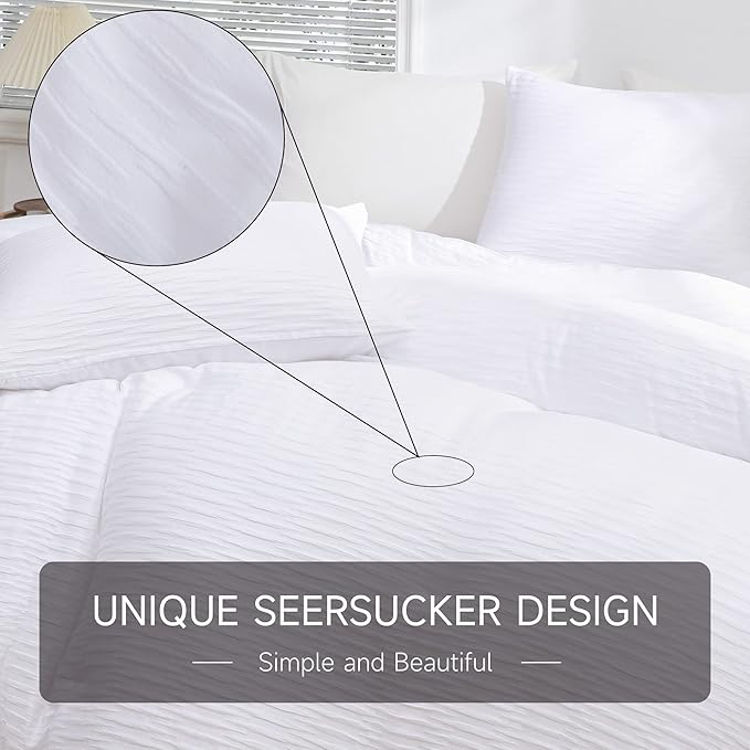 White Seersucker Comforter Set Queen Size (90x90 in), 3 Pieces Soft Crinkled Textured Comforter with 2 Pillowcases, Lightweight Microfiber Down Alternative Bedding Set for All Season - LeafyLoom