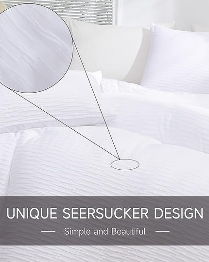 White Seersucker Comforter Set Full Size (79x90 in), 3 Pieces Soft Crinkled Textured Comforter with 2 Pillowcases, Lightweight Microfiber Down Alternative Bedding Set for All Season - LeafyLoom