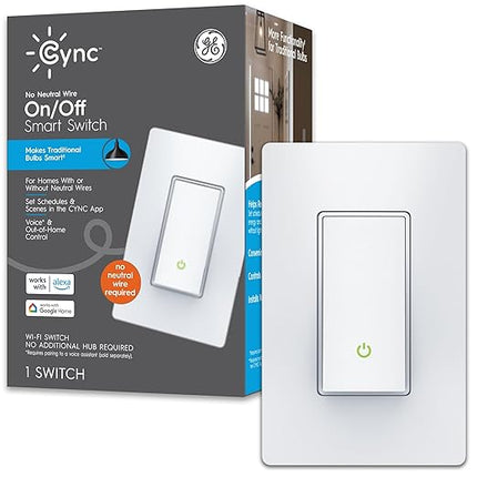 GE CYNC Smart Light Switch, Paddle Style, No Neutral Wire Required, Bluetooth and 2.4 GHz WiFi 3-Wire Switch, Works with Amazon Alexa and Google Home, White (1 Pack) CYNCSmartHome