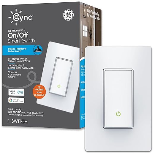 GE CYNC Smart Light Switch, Paddle Style, No Neutral Wire Required, Bluetooth and 2.4 GHz WiFi 3-Wire Switch, Works with Amazon Alexa and Google Home, White (1 Pack) CYNCSmartHome
