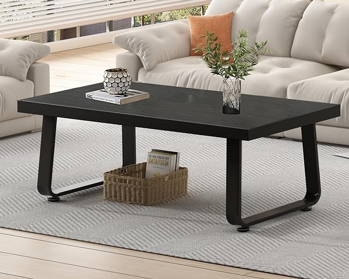 HSH Black Coffee Table, Industrial Wood and Metal Legs Center Table, Modern Minimalist Rectangle Cocktail Table for Living Room, Farmhouse Wooden Tea Table for Bedroom Home Office, Black Oak, 47 Inch - LeafyLoom