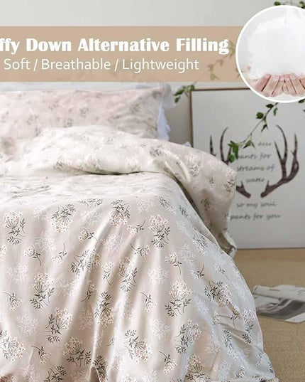 Nanko Beige Floral Comforter Set Queen Size 3 Pcs, Cream Tan Flower Print Pattern Soft Microfiber Down Alternative Duvet Insert, Farmhouse Bedding Sets Bed in a Bag for Women Men, 90 x 90 inch - LeafyLoom