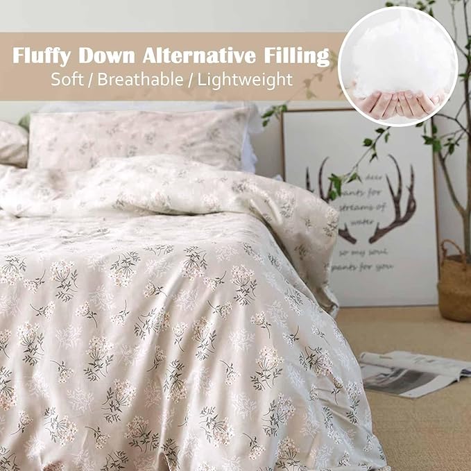 Nanko Beige Floral Comforter Set Queen Size 3 Pcs, Cream Tan Flower Print Pattern Soft Microfiber Down Alternative Duvet Insert, Farmhouse Bedding Sets Bed in a Bag for Women Men, 90 x 90 inch - LeafyLoom