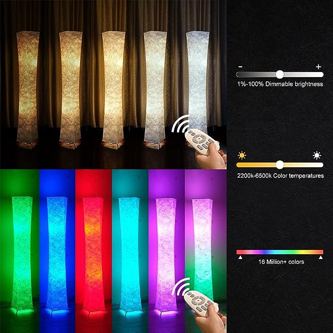 LEONC 61" Soft Light Floor Lamp for Game Room and TV, RGB Color Changing LED, Tyvek Fabric Shade, Smart App Control, Compatible with Alexa & Google Home, Music Sync and Multi Scene Modes,Floor Lamp - LeafyLoom