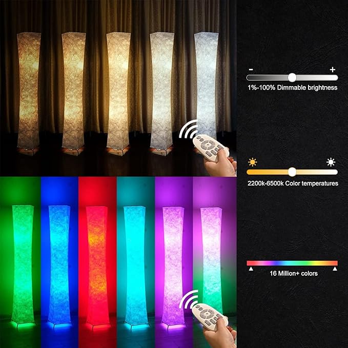 Soft Light Floor Lamp, 52" LEONC Twist RGB Color Changing Tyvek Fabric Shade Dimmable Remote Control and 2 Smart LED Bulbs for Livingroom… - LeafyLoom