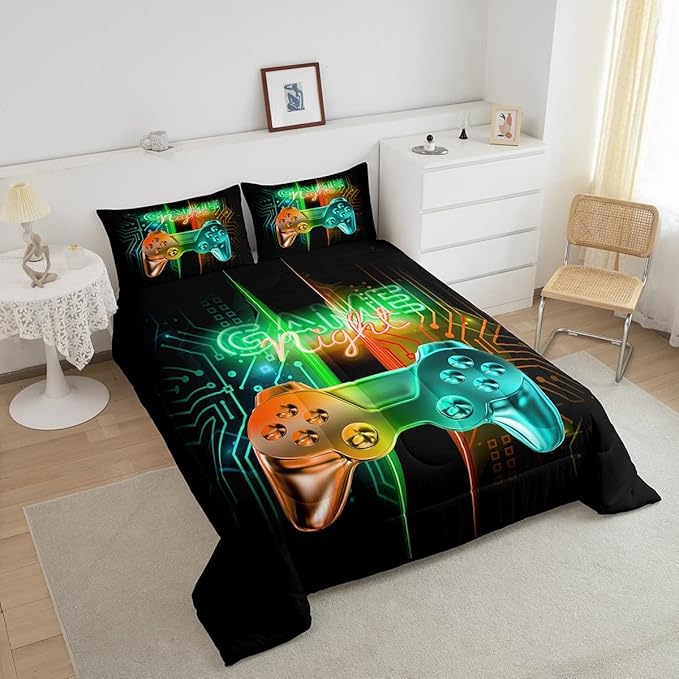 Feelyou Gamer Comforter Kids Gaming Video Game Comforter Set for Boys Teens Noverlty Modern Gamepad Bedding Set Breathable Gamer Console Bedding Duvet Set Bright Orange Green Room Decor Queen Size - LeafyLoom