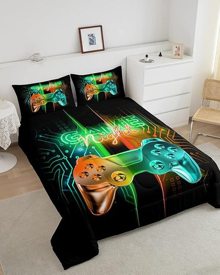 Feelyou Gamer Comforter Kids Gaming Video Game Comforter Set for Boys Teens Noverlty Modern Gamepad Bedding Set Breathable Gamer Console Bedding Duvet Set Bright Orange Green Room Decor Twin Size - LeafyLoom
