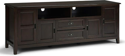SIMPLIHOME Burlington SOLID WOOD Universal TV Media Stand, 72 inch Wide, Traditional, Living Room Entertainment Center with Storage, for Flat Screen TVs up to 80 inches in Mahogany Brown - LeafyLoom