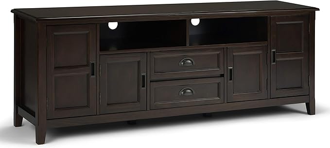 SIMPLIHOME Burlington SOLID WOOD Universal TV Media Stand, 72 inch Wide, Traditional, Living Room Entertainment Center with Storage, for Flat Screen TVs up to 80 inches in Mahogany Brown - LeafyLoom