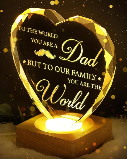 Birthday Gift To My Dad, 3D Heart Shape Crystal Plaque, Engraved Night Light Lamp Presents for Dad, Best Dad Ever, 3D LED BOX Birthday Thank You Gifts with 100% Solid Wooden Base Greeting Card - LeafyLoom
