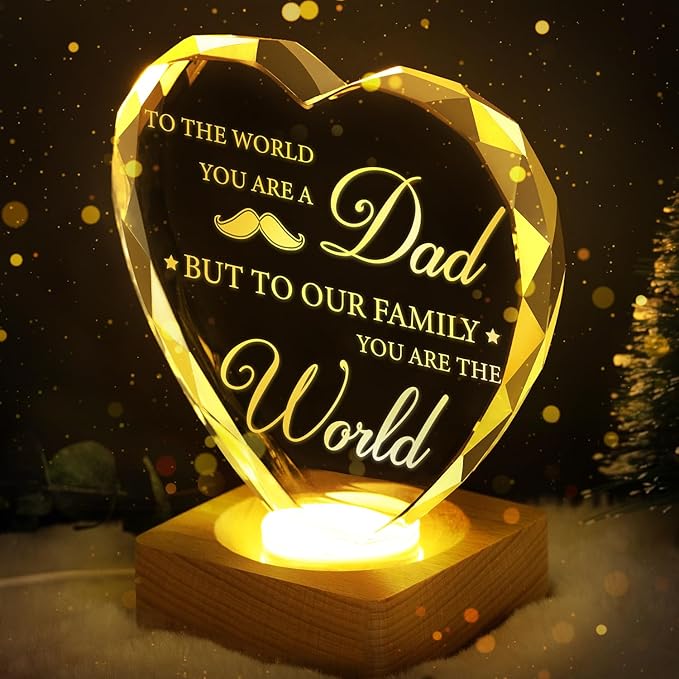 Birthday Gift To My Dad, 3D Heart Shape Crystal Plaque, Engraved Night Light Lamp Presents for Dad, Best Dad Ever, 3D LED BOX Birthday Thank You Gifts with 100% Solid Wooden Base Greeting Card - LeafyLoom