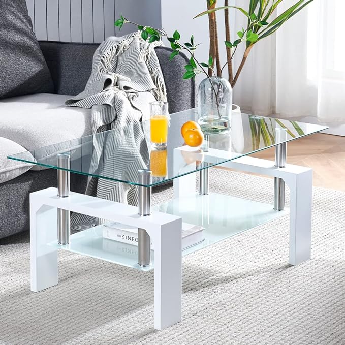Living Room Rectangle Coffee Table, Tea Table Suitable for Waiting Room, Modern Side Coffee Table with Wooden Leg, Glass Tabletop with Lower Shelf, 39.5*23.5*17.5 inches , White - LeafyLoom