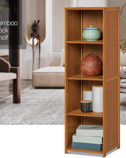 MoNiBloom Narrow Bookcase Bamboo 4 Tier Free Standing Tall Bookshelf Display Storage Shelves Collection Décor Furniture for Home Living Room Study Room, Brown - LeafyLoom