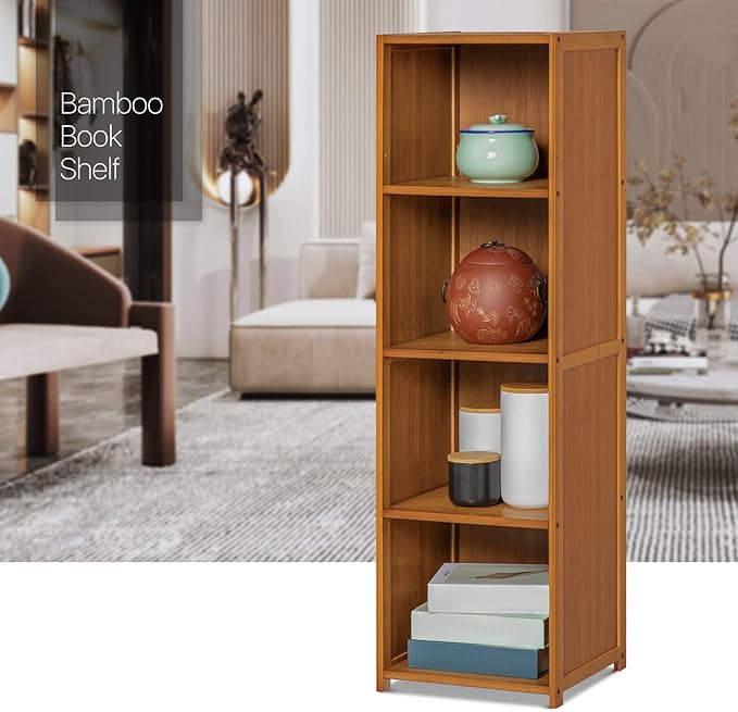 MoNiBloom Narrow Bookcase Bamboo 4 Tier Free Standing Tall Bookshelf Display Storage Shelves Collection Décor Furniture for Home Living Room Study Room, Brown - LeafyLoom