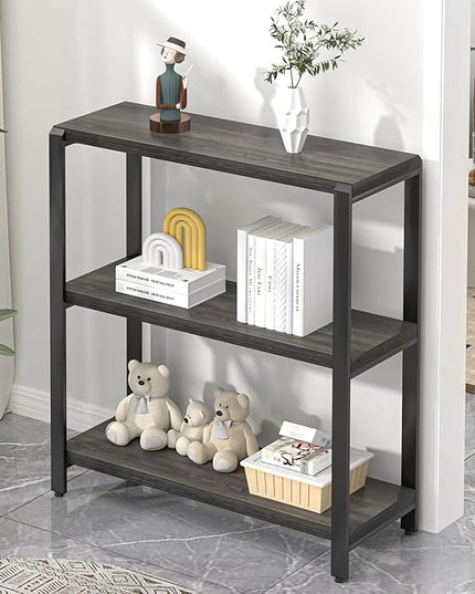 FOLUBAN Rustic Small Bookshelf and Bookcase, 3 Tier Low Short Book Shelf, Industrial Metal and Wood Book Case for Bedroom Living Room, Dark Gray - LeafyLoom