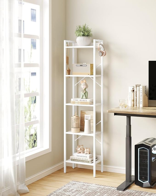 Bookshelf, Book Shelf, Industrial Bookcase with 2 Hooks, Coner Shelf Storage Organizer for Home Office, Living Room, Bedroom, Kitchen, 5-Tier White BC10513W - LeafyLoom