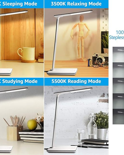TORCHSTAR LED Desk Lamp, Dimmable Desk Lights for Reading, Table Lamps with USB Charging Port, Touch Control, 3 Color Modes, Fully Adjustable Brightness, Dorm Room, 1 & 2 Hour Auto Timer, White - LeafyLoom