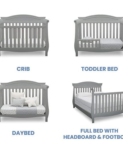 Delta Children Lancaster 4-in-1 Convertible Baby Crib, Grey + Serta Perfect Slumber Dual Sided Recycled Fiber Core Crib and Toddler Mattress (Bundle) - LeafyLoom
