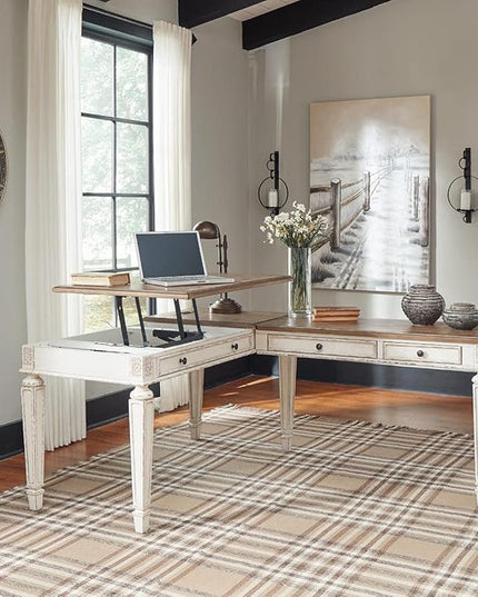Signature Design by Ashley Realyn French Country 60" Home Office Lift Top Desk with USB Charging, Chipped White - LeafyLoom