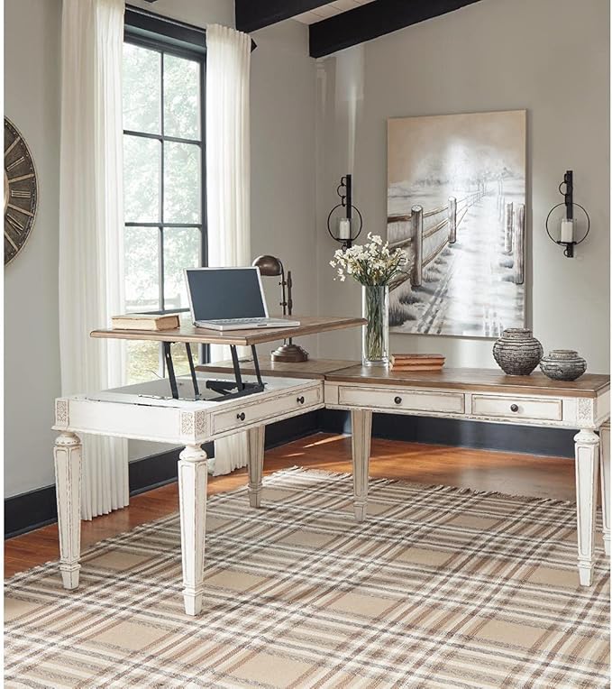 Signature Design by Ashley Realyn French Country 60" Home Office Lift Top Desk with USB Charging, Chipped White - LeafyLoom