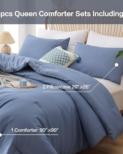 ROSGONIA Queen Comforter Set Slate Blue, 3pcs Queen Size Comforter(1 Boho Blue Comforter & 2 Pillowcases) All Season Lightweight Bedding Blanket Quilt - LeafyLoom