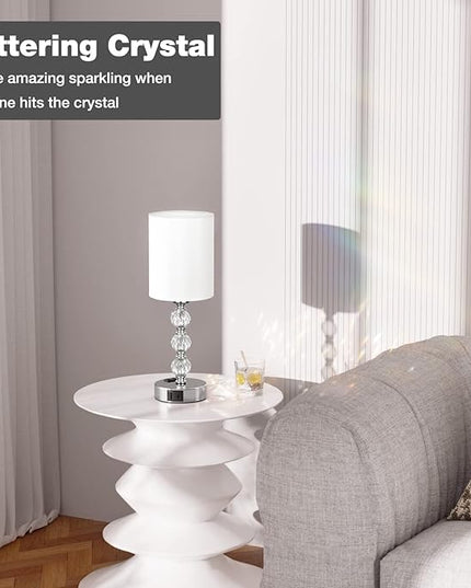 Touch Bedside Crystal Lamps for Bedrooms Nightstand with USB C+A Charging Port and AC Outlet White, 3 Way Dimmable Silver Small End Side Table Lamp for Living/Guest/Dinning Room/Kitchen - LeafyLoom