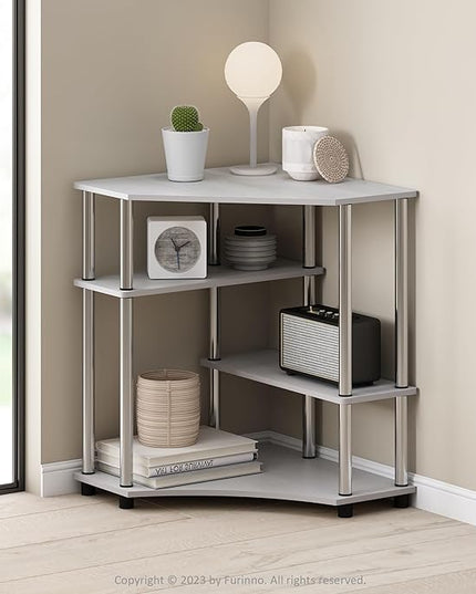 Furinno Turn-N-Tube Multipurpose Corner Shelf, Display Rack, Bookshelf, White Oak, Stainless Steel Tubes - LeafyLoom