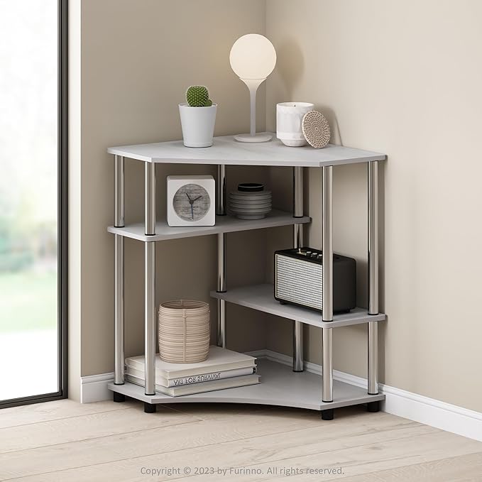 Furinno Turn-N-Tube Multipurpose Corner Shelf, Display Rack, Bookshelf, White Oak, Stainless Steel Tubes - LeafyLoom