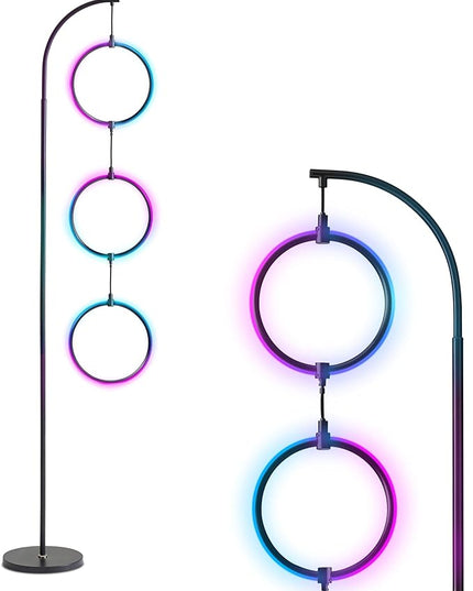 Brightech Nova Modern Color Changing Floor Lamp - LED Lamp with Stunning RGB Color Gradient and Contemporary 3-Circle Ring-Style Pendant - Corner or Over-The-Couch Arching Pole Standing Lamp - Black - LeafyLoom