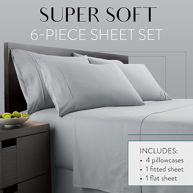 Danjor Linens Full Size Sheets Set - 6 Piece Set Including 4 Pillowcases- Deep Pockets - Breathable, Soft Bed Sheets - Wrinkle Free - Machine Washable - Light Grey Bed Sheets - 6 pc - LeafyLoom
