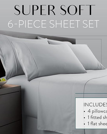 Danjor Linens Queen Sheet Set - 6 Piece Set including 4 Pillowcases - Deep Pockets - Breathable, Soft Bed Sheets - Wrinkle Free - Machine Washable - Light Grey Sheets for Queen Size Bed - 6 pc - LeafyLoom