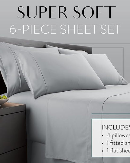 Danjor Linens California King 6 Piece Sheet Set - Deep Pockets, Breathable Bed Sheets - Wrinkle Free, Machine Washable - Light Grey Cal King Size - LeafyLoom