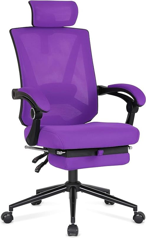 Misolant Ergonomic Office Chair with Footrest, Ergonomic Desk Chair with Adjustable 2D Lumbar Support, High Back Office Chair with Adjustable Headrest, Comfortable Office Chair Purple - LeafyLoom