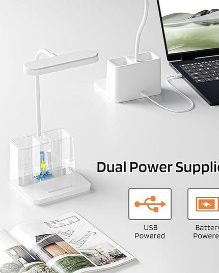 AXX Small Desk Lamps for Home Office, White Desk Light for Kids, LED Desktop/Computer Study Lamps for Bedrooms, Rechargeable, Pen Holder, Mini, Adjustable Gooseneck Table Lamp for College Dorm Room - LeafyLoom