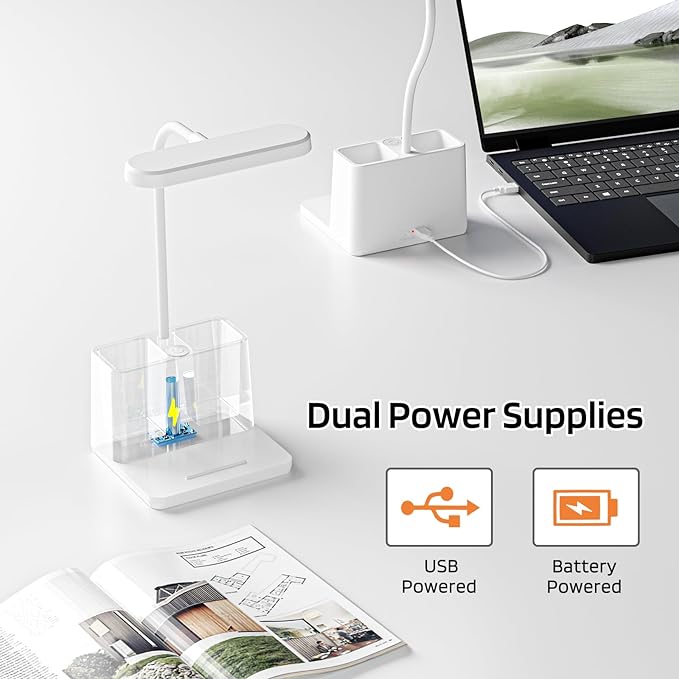 AXX Small Desk Lamps for Home Office, White Desk Light for Kids, LED Desktop/Computer Study Lamps for Bedrooms, Rechargeable, Pen Holder, Mini, Adjustable Gooseneck Table Lamp for College Dorm Room - LeafyLoom