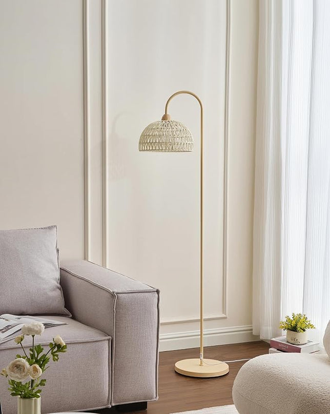 Boho Rattan floor lamp with Natural Rattan Shade, Rustic Arc Standing Lamp for Coastal, Beach or Bohemian Style Decor, E26 bulb, On/Off Footswitch Lamp for living room, Bedroom - LeafyLoom